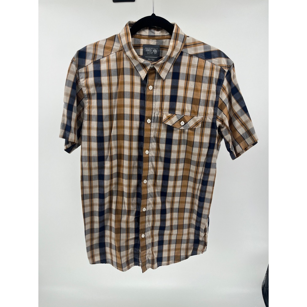 Mountain Hardwear Mens Plaid Short Sleeve Button Up Shirt Tan Brown Navy Size M
